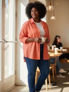 Chico’s Coral Orange Button Down Shirt Women Size 1 Medium Long Sleeve Blouse